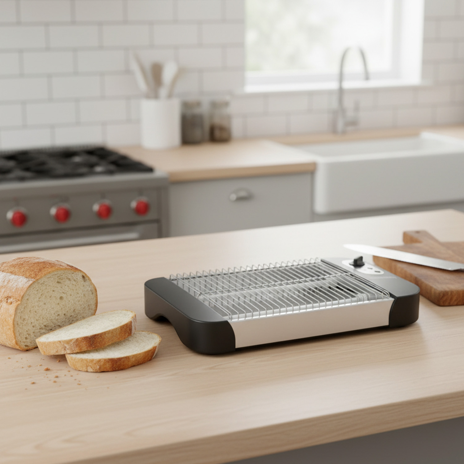 Scena di cucina con pane, tostapane e tagliere su un piano di lavoro in legno. Sullo sfondo un fornello, un lavandino e una finestra.