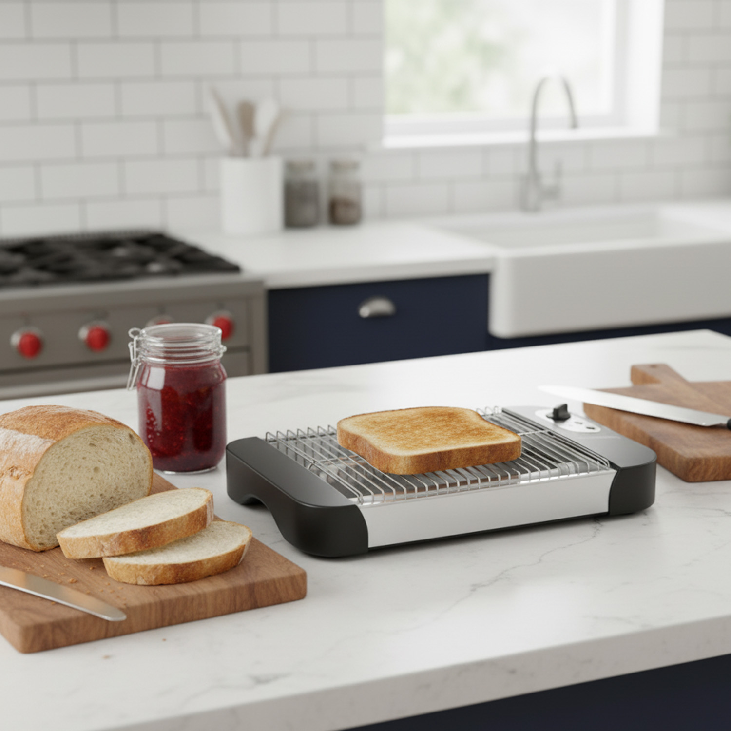 Una scena di cucina con un tostapane, pane, marmellata e un tagliere. Una fetta di toast è nel tostapane. Un pane è sulla tavola.
