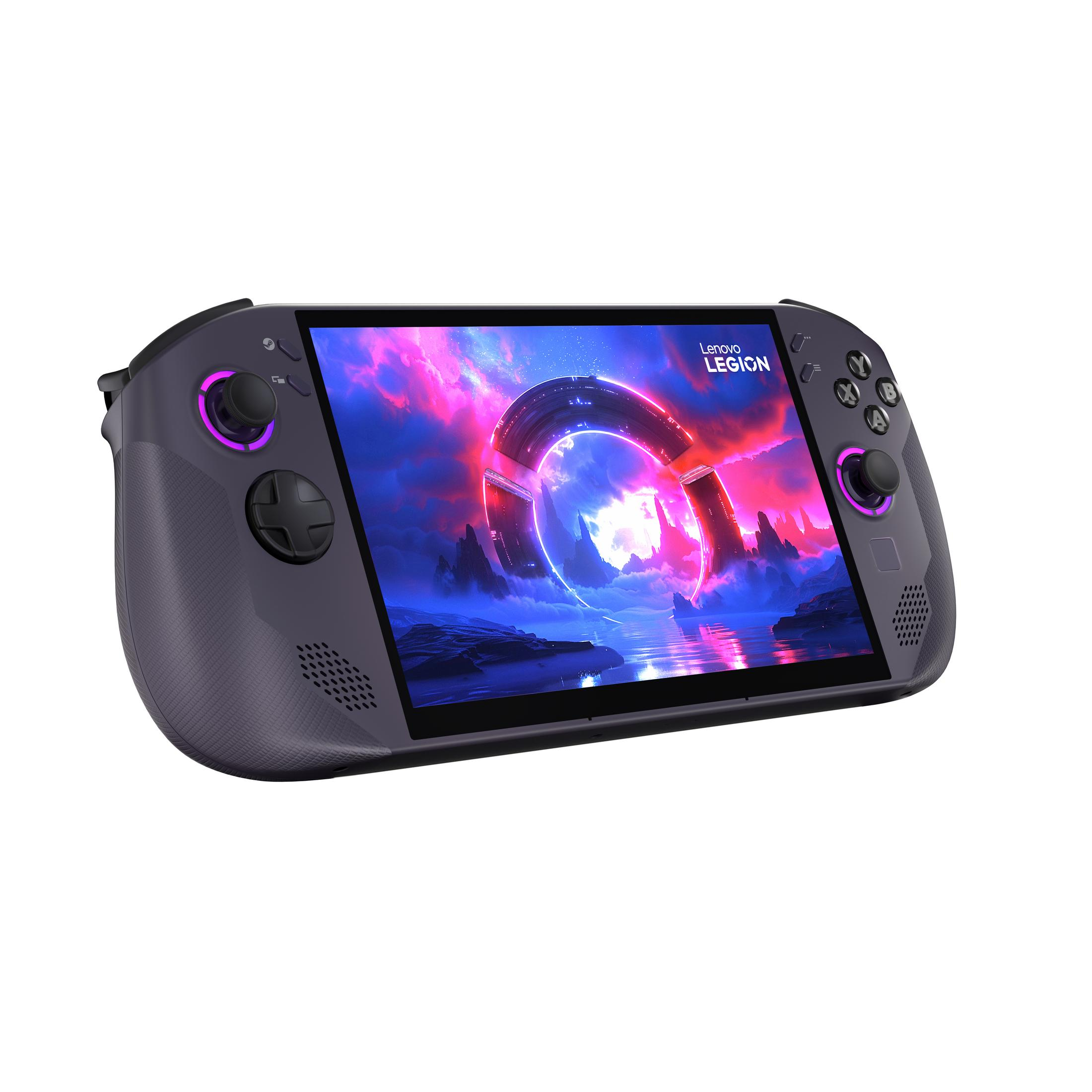 Lenovo Legion Handheld-Konsole, dunkelgrau, zeigt eine futuristische Szene. Joysticks und Tasten sind sichtbar.