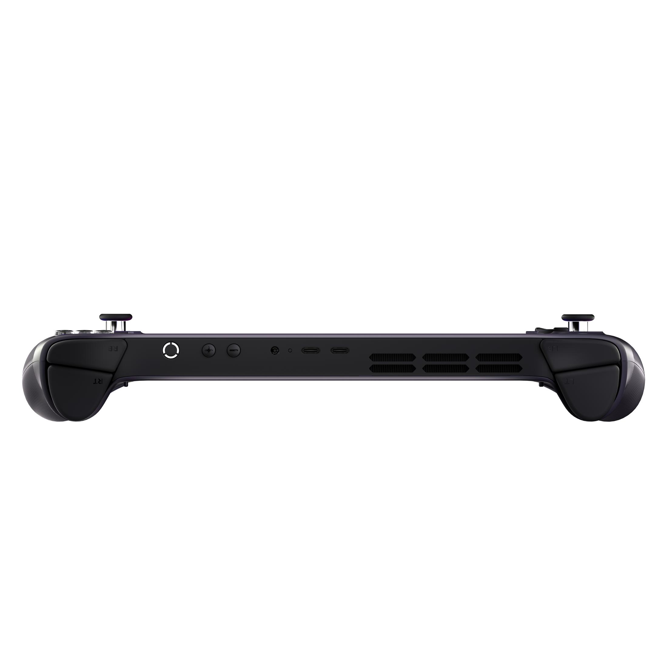 Eine schwarze Handheld-Spielkonsole. Sie hat Knöpfe, Joysticks und Lüftungsschlitze. Der Hintergrund ist weiß.