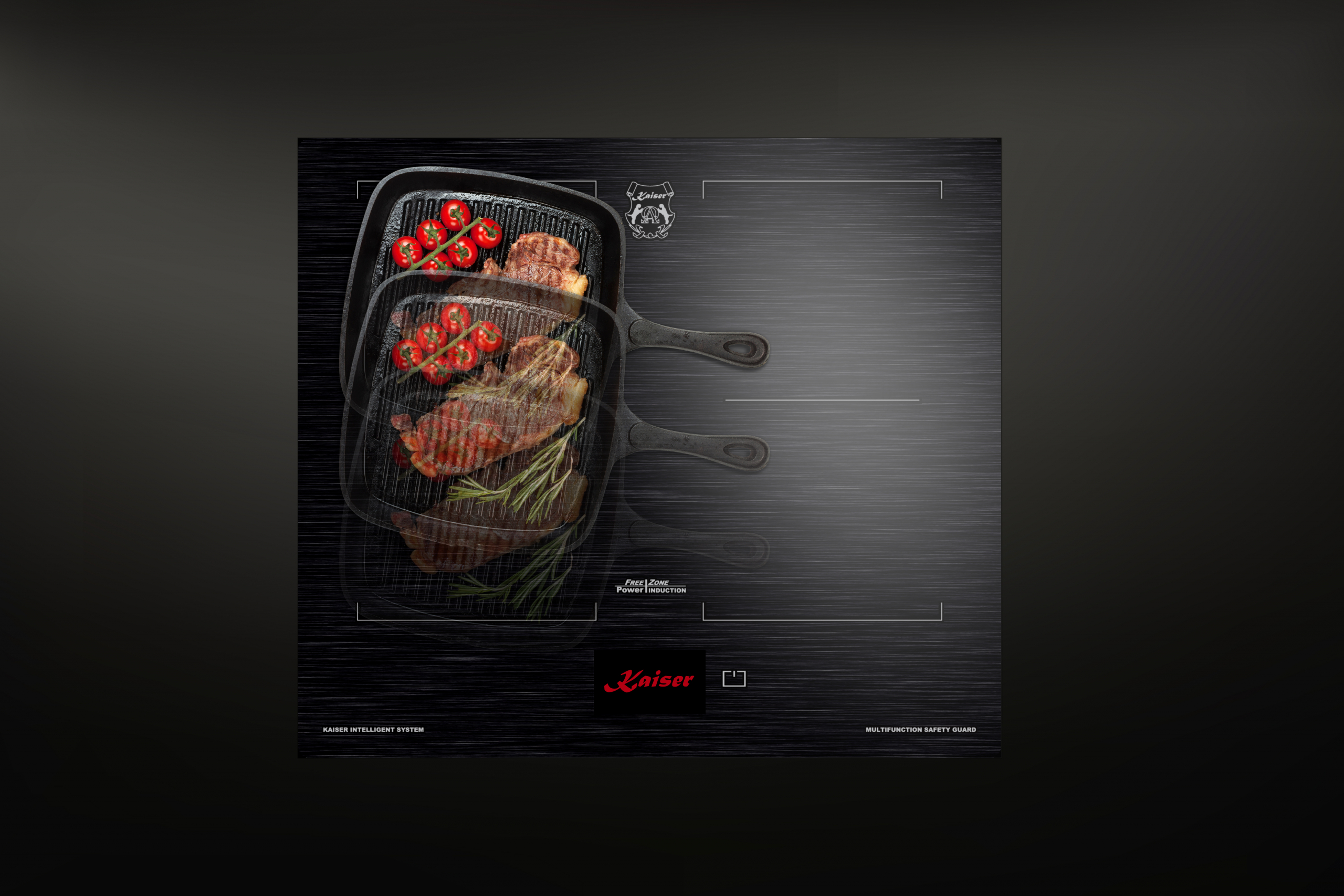 Ein Grill mit Steak und Tomaten. Kaiser-Logo und Induktionskochfeld sichtbar.