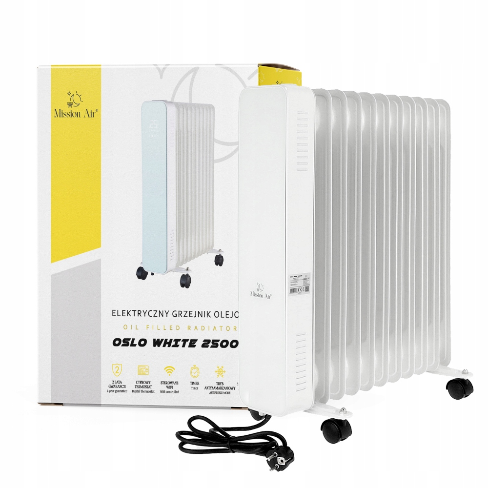 Biały grzejnik olejowy na kółkach z pudełkiem, przewodem zasilającym i logo marki. Posiada termostat cyfrowy i sterowanie Wi-Fi.