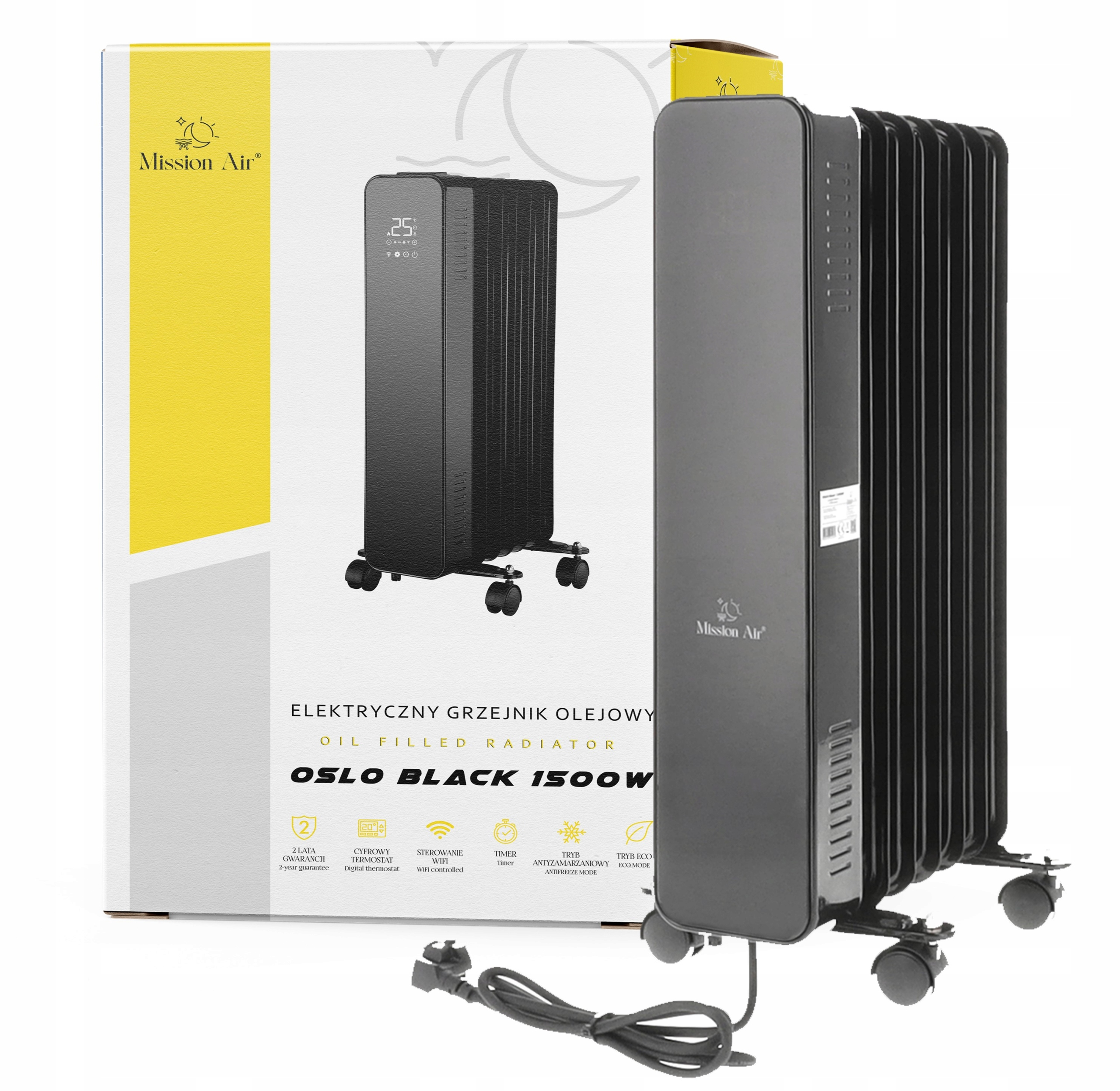 Czarny grzejnik olejowy na kółkach. Posiada cyfrowy wyświetlacz z wartością 25. Marka to Mission Air.