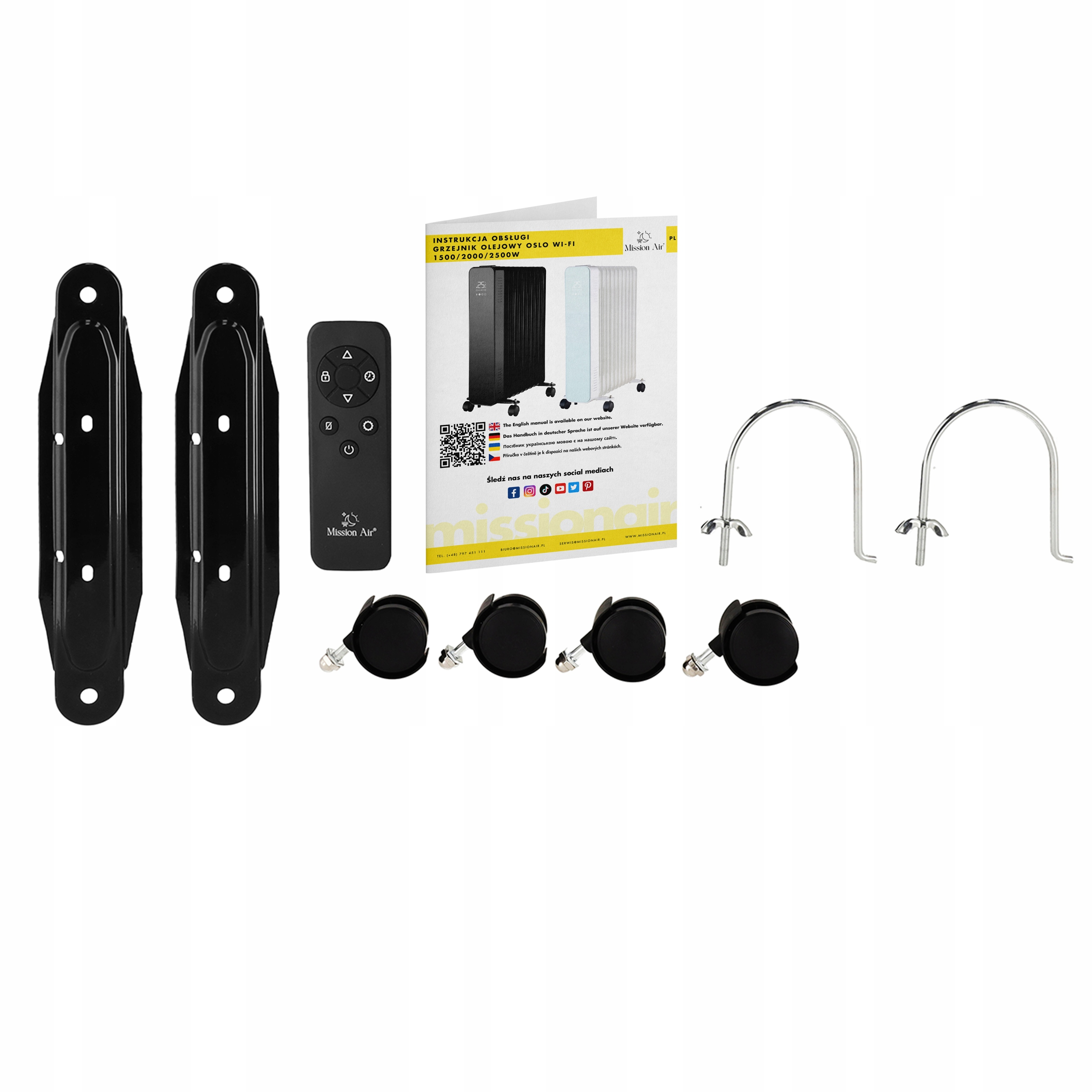 Obraz przedstawia części grzejnika: wsporniki, pilot, koła i instrukcję. Białe tło.