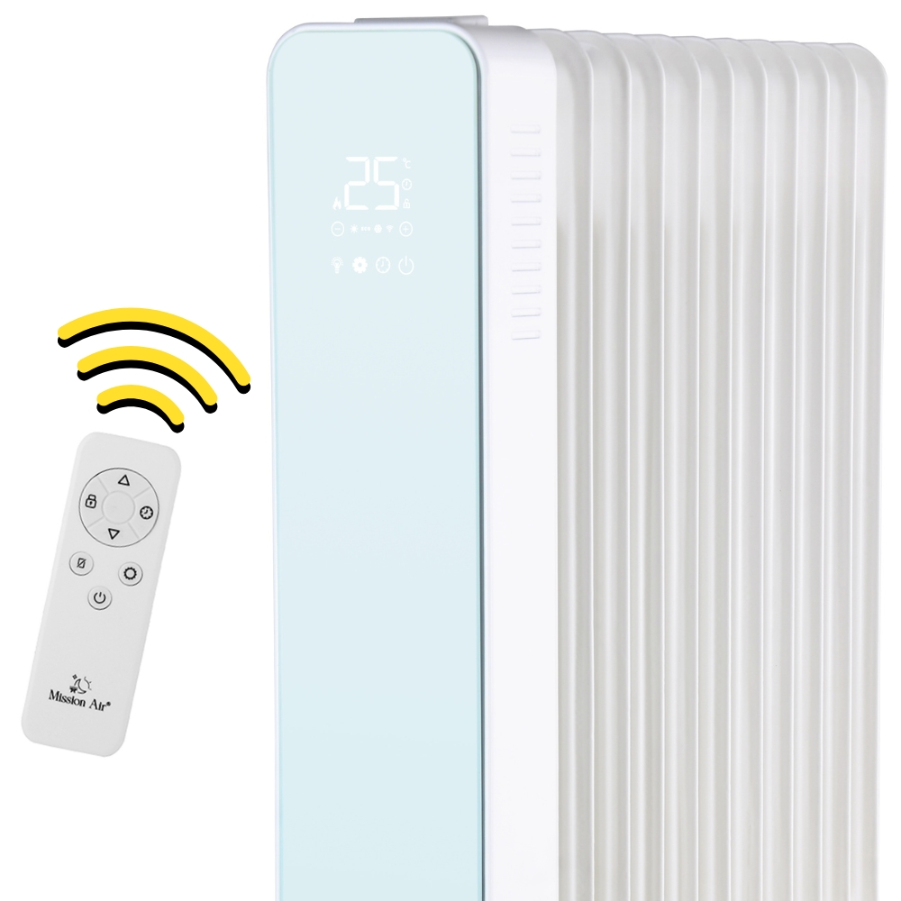 Biało-niebieski grzejnik elektryczny z pilotem, wskazujący 25 stopni. Pilot pokazuje fale sygnału.