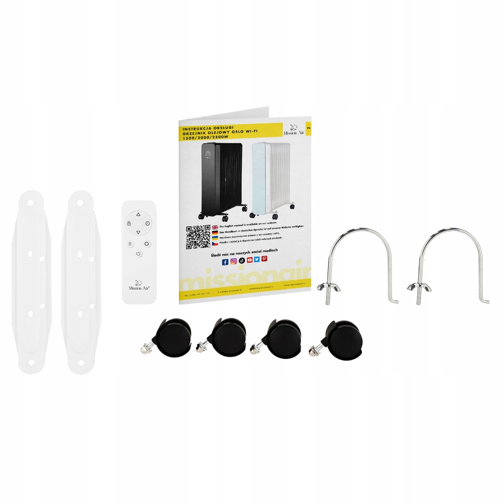 Obraz przedstawia elementy grzejnika: koła, pilota, wsporniki i instrukcję. Widoczne jest również logo Mission Air.
