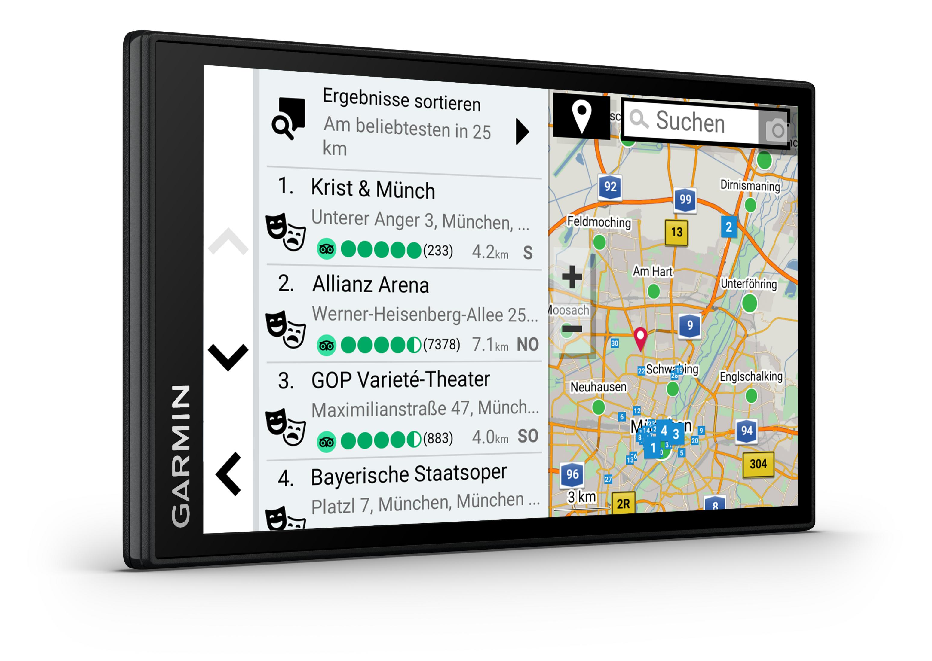 Un dispositivo Garmin mostra una mappa con punti di interesse e un elenco di luoghi con distanze.