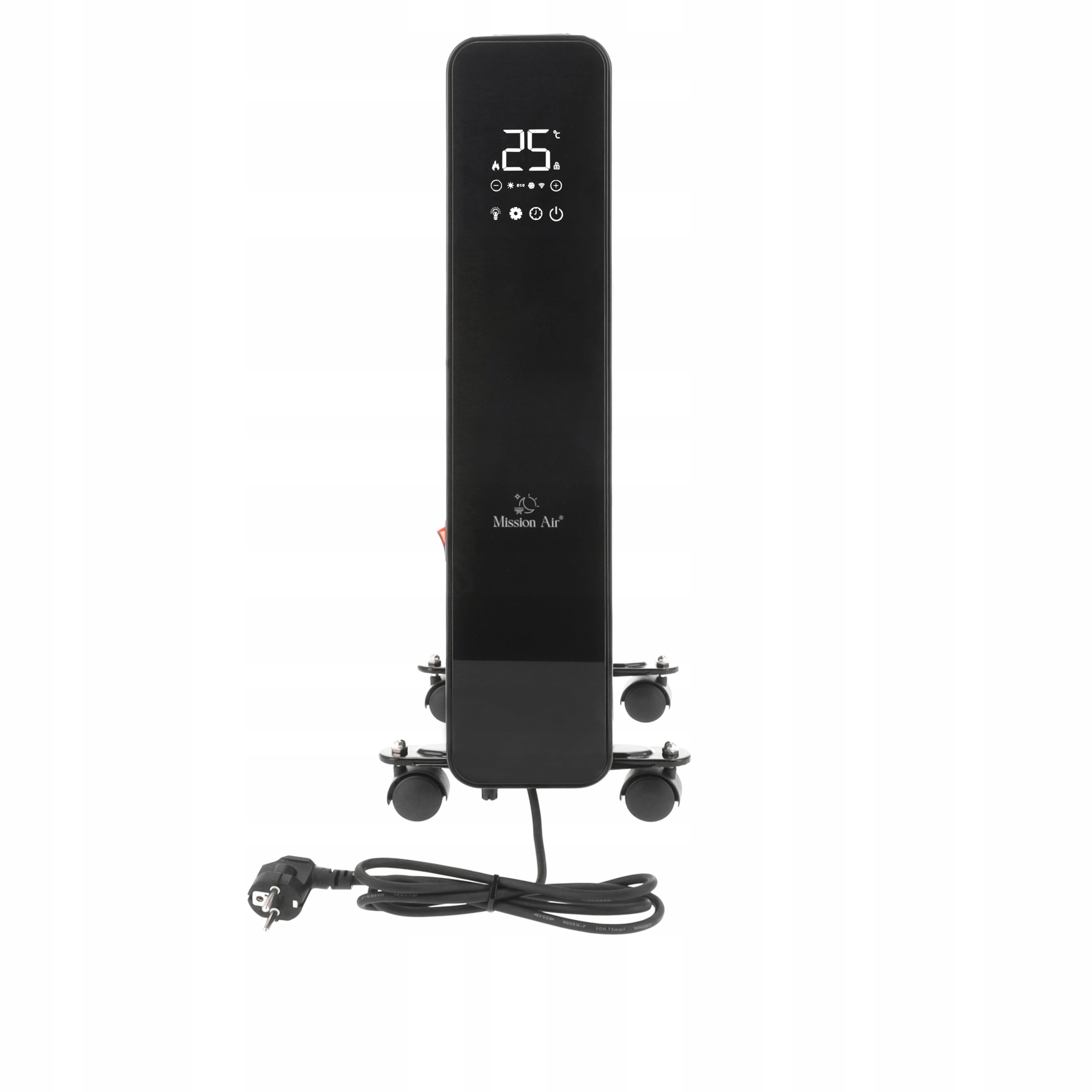 Czarny grzejnik elektryczny wyświetla 25 stopni. Ma kółka i przewód zasilający z wtyczką. Tło jest białe.