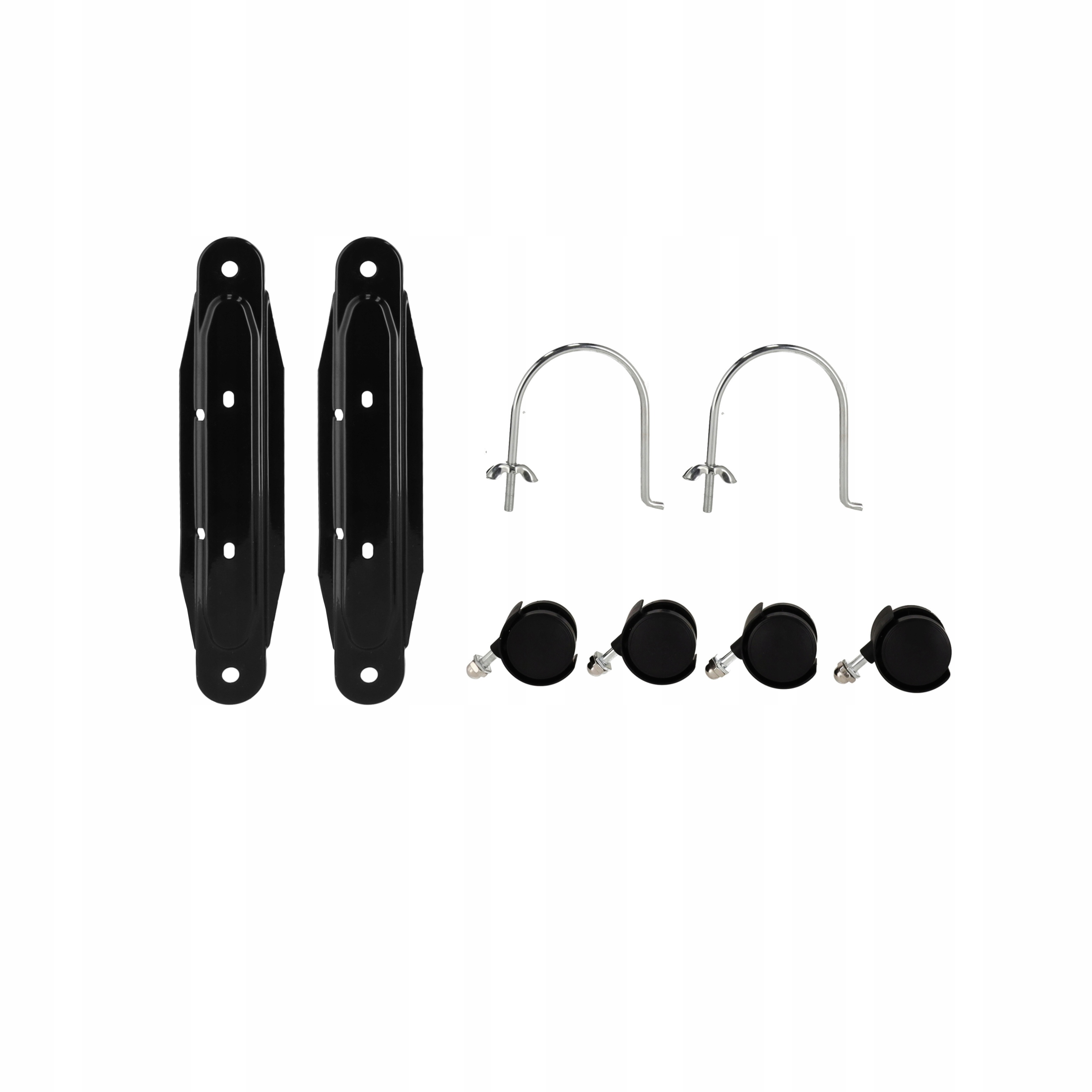 Obraz przedstawia okucia meblowe. Są dwa czarne wsporniki, dwa srebrne łuki i cztery czarne kółka.