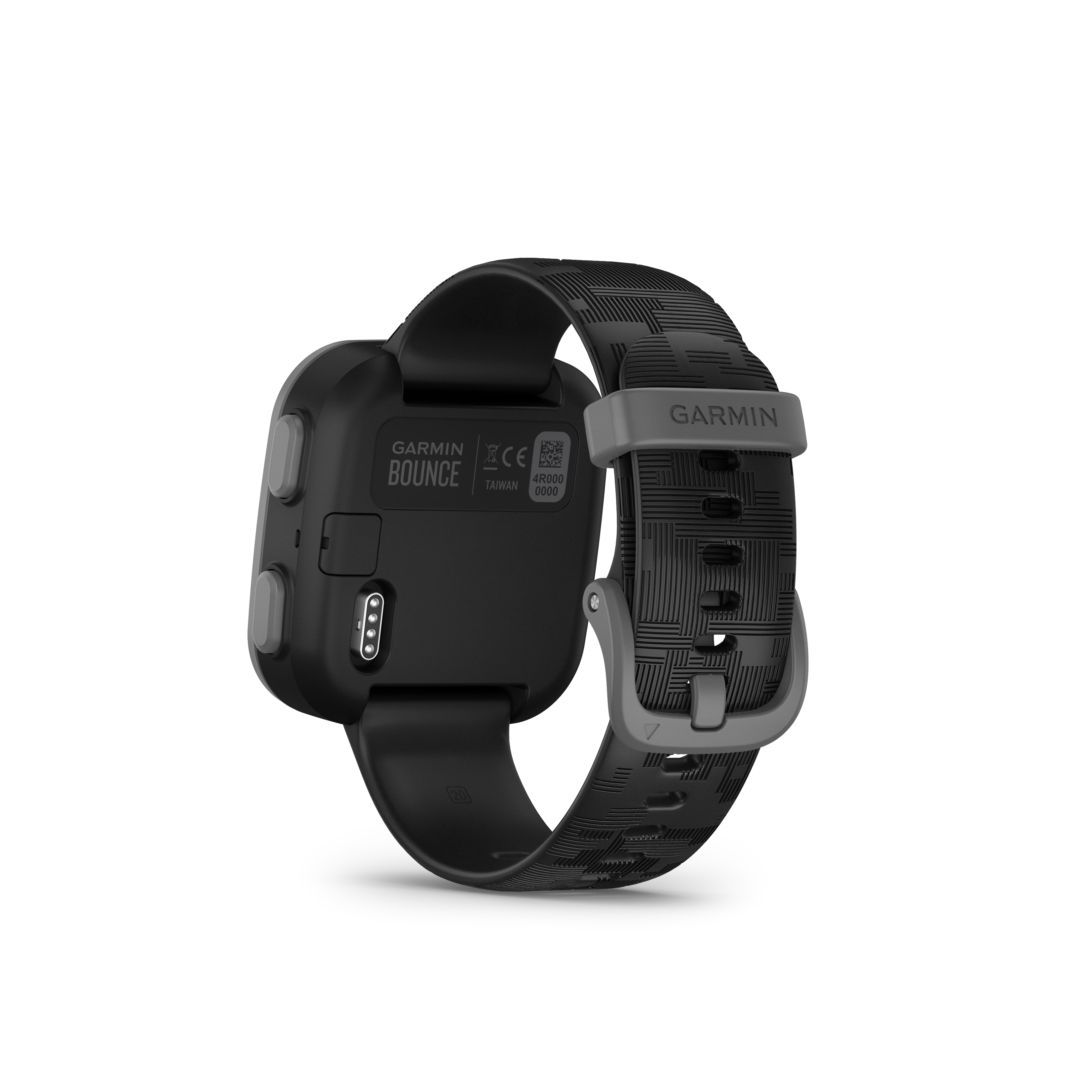 Czarny smartwatch Garmin Bounce z teksturowanym paskiem na czarnym tle. Widoczna nazwa marki.