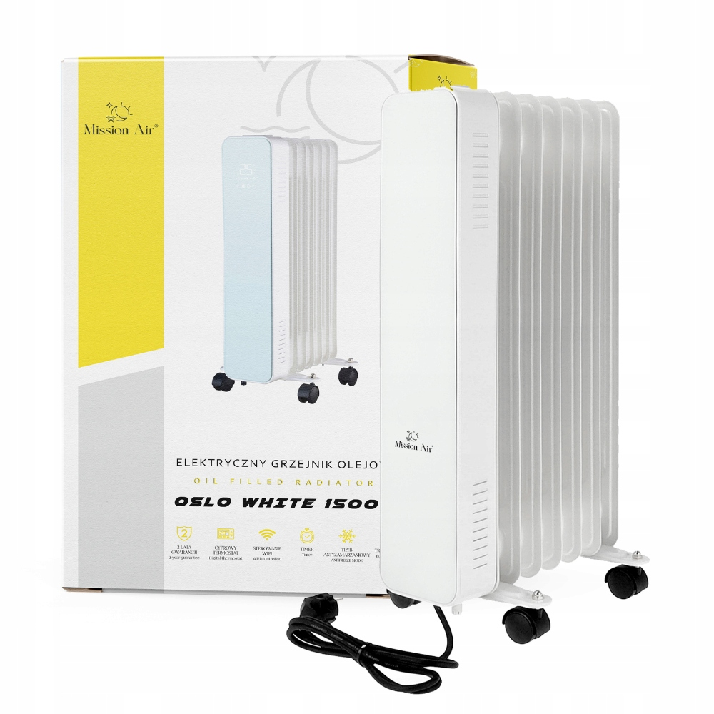 Biały grzejnik olejowy na kółkach. Na pudełku nazwa produktu i cechy. Marka to Mission Air.