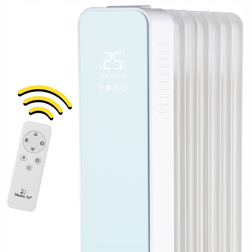 Biały i jasnoniebieski grzejnik olejowy z pilotem. Wyświetlacz pokazuje temperaturę. Żółte fale sygnału po lewej stronie.