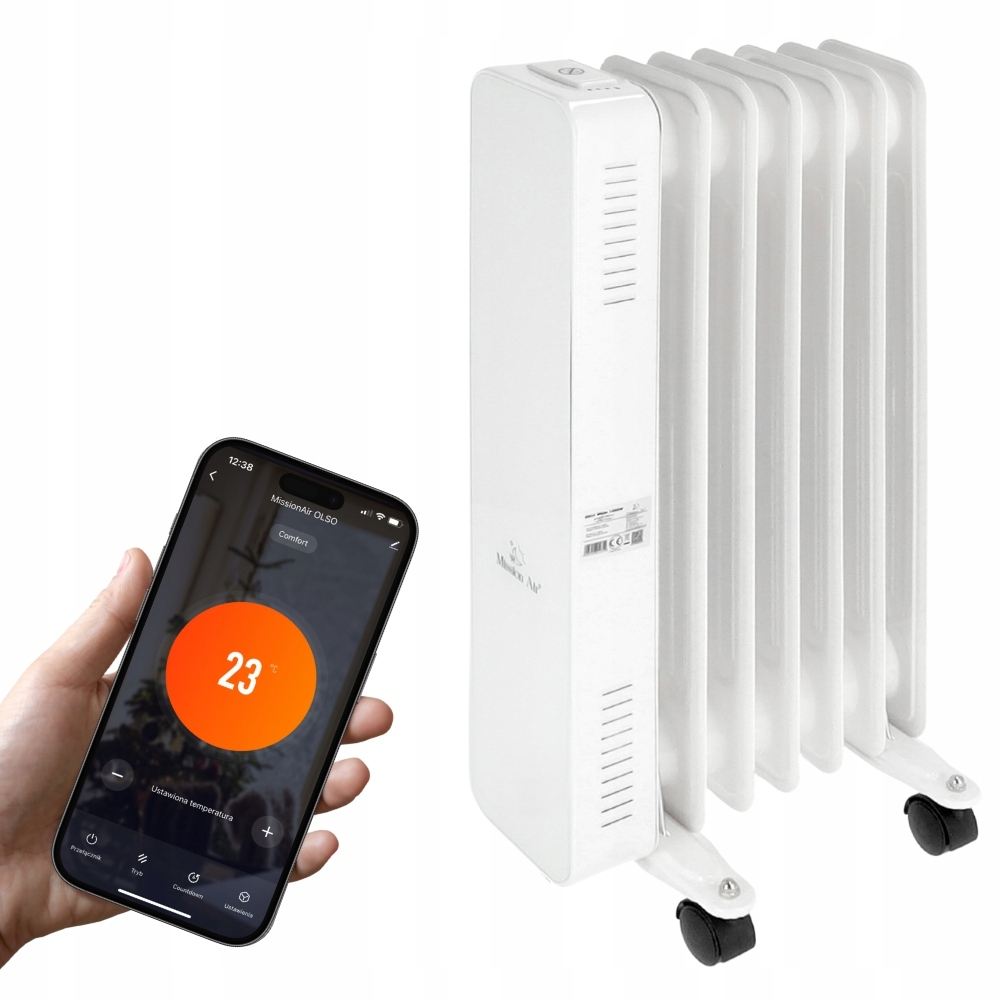 Ręka trzyma telefon z 23°C. Po prawej biały grzejnik olejowy z kółkami.