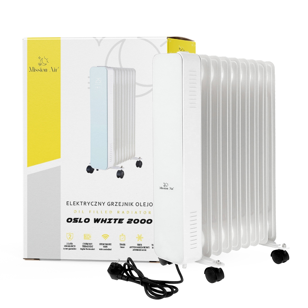 Biały grzejnik olejowy z pudełkiem. Na pudełku znajduje się nazwa marki Mission Air i szczegóły produktu.