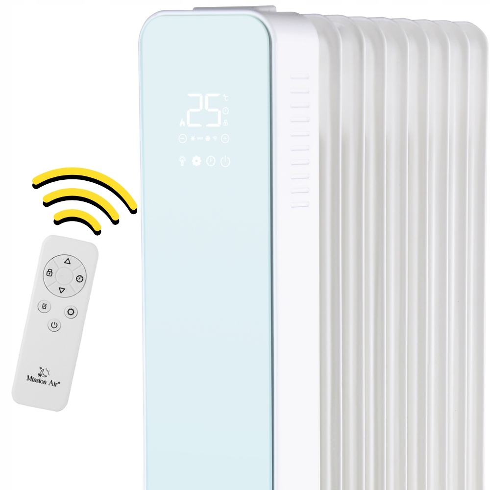 Biały i jasnoniebieski grzejnik olejowy z pilotem. Grzejnik wyświetla 25 stopni. Sygnał pochodzi z pilota.