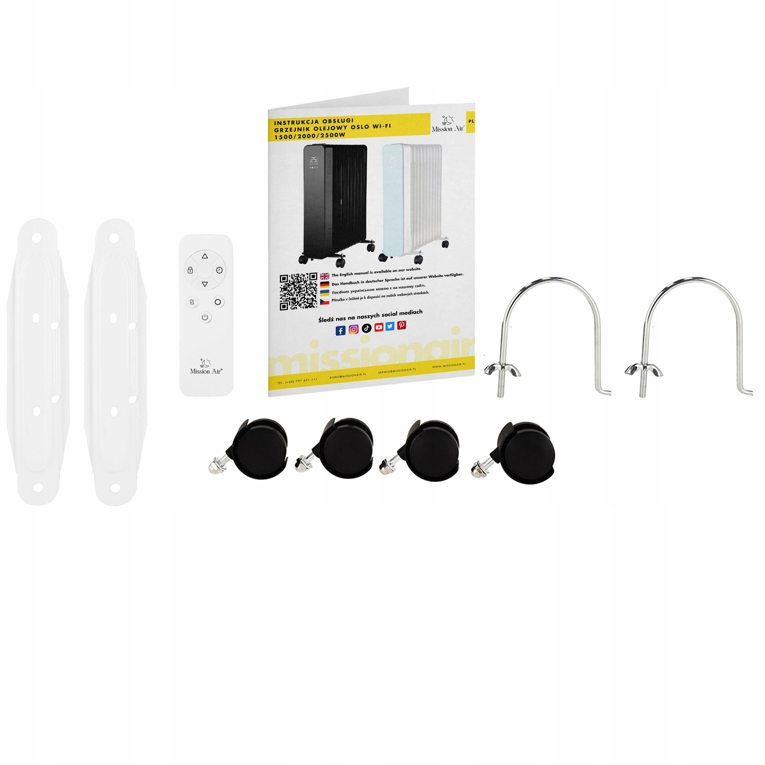 Zdjęcie przedstawia instrukcję obsługi produktu, pilota i inne części grzejnika.