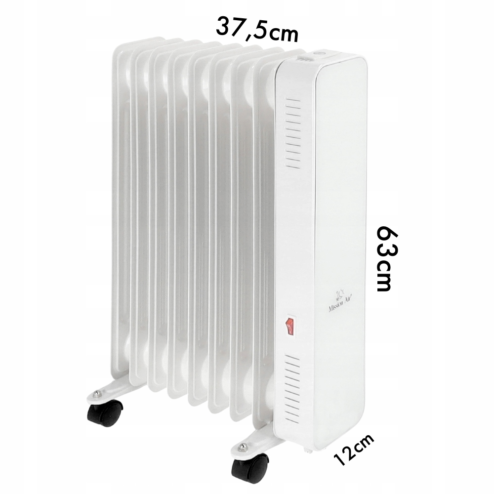 Biały grzejnik olejowy o wymiarach: 37,5 cm szerokości, 63 cm wysokości i 12 cm głębokości. Posiada kółka i przycisk zasilania.