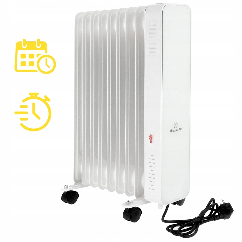 Biały grzejnik olejowy z czarnymi kółkami i przewodem zasilającym. Ikony kalendarza i timera po lewej.