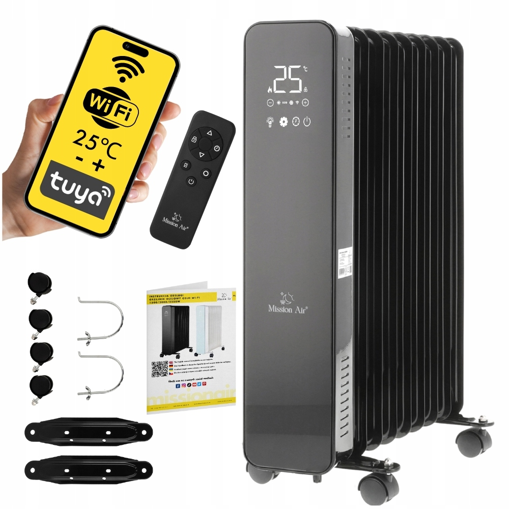 Czarny grzejnik olejowy z cyfrowym wyświetlaczem, pilotem i telefonem wyświetlającym Wi-Fi i temperaturę. Widoczne są również akcesoria i instrukcje.