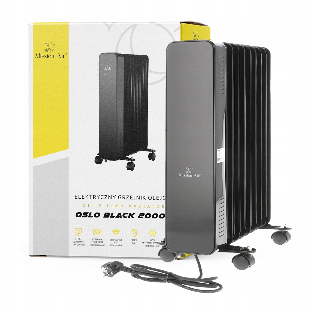 Czarny grzejnik olejowy na kółkach jest wyświetlany przed swoim pudełkiem. Pudełko zawiera tekst i zdjęcie grzejnika.