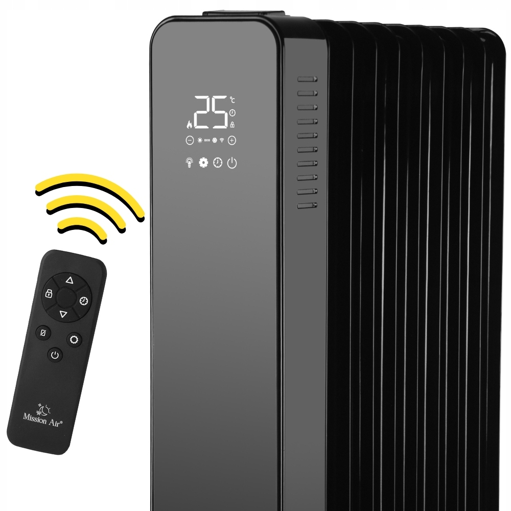 Czarny grzejnik olejowy z cyfrowym wyświetlaczem pokazującym 25 stopni. Pilot znajduje się po lewej stronie z żółtymi falami sygnału.