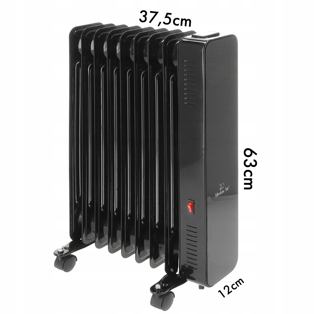 Czarny grzejnik olejowy z wymiarami. Ma kółka, przycisk zasilania i logo marki. Na białym tle.