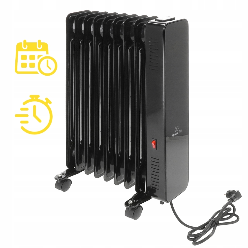 Czarny grzejnik olejowy z ikonami kalendarza i timera. Posiada przewód zasilający i czerwony przycisk zasilania.