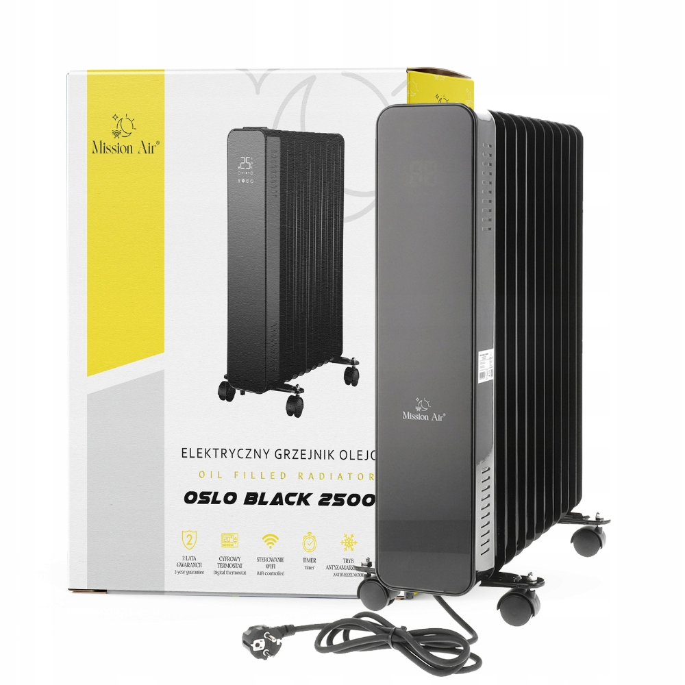 Czarny grzejnik olejowy z wyświetlaczem cyfrowym, na kółkach, obok pudełka ze specyfikacją. Przewód zasilający jest na pierwszym planie.