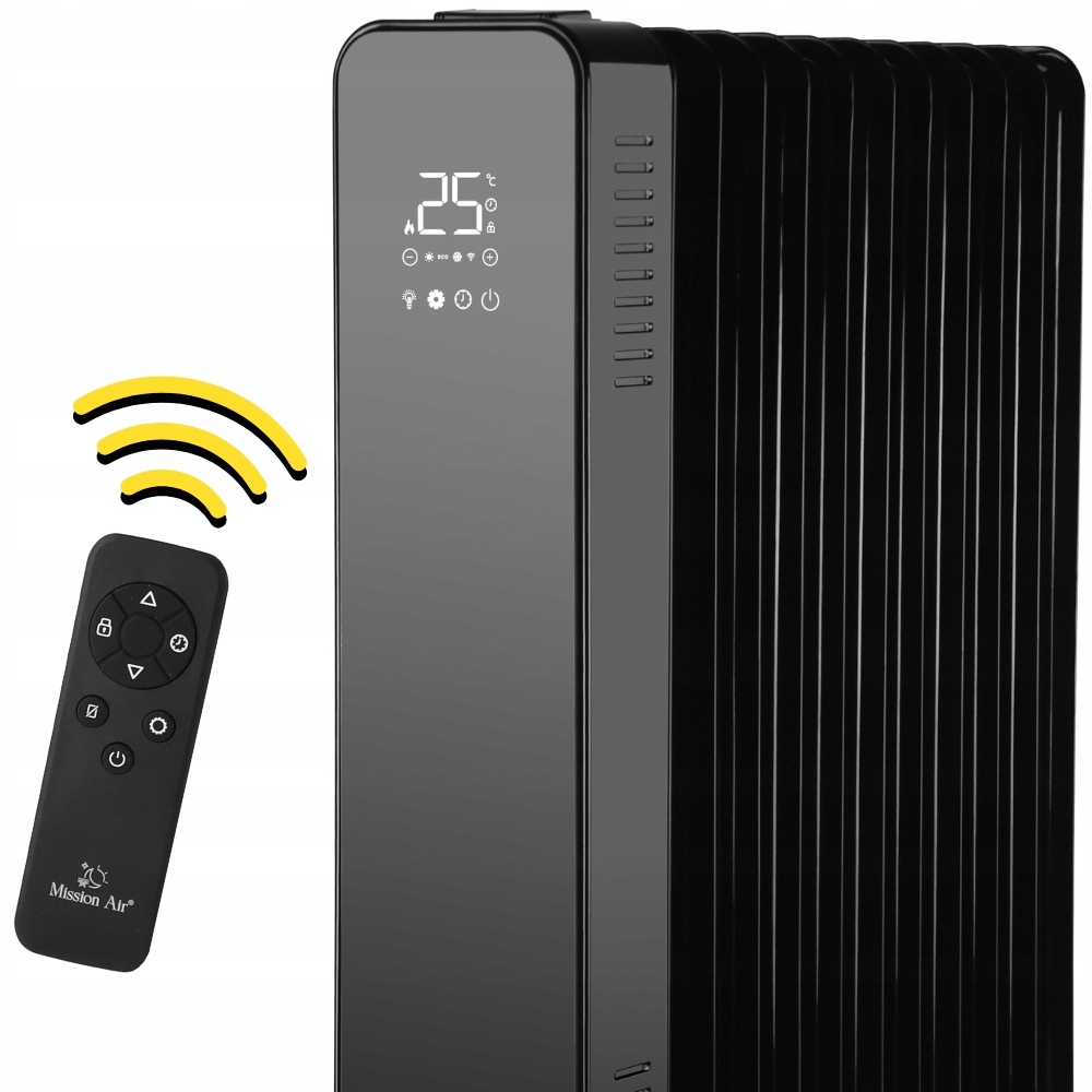 Czarny grzejnik olejowy z cyfrowym wyświetlaczem pokazującym 25 stopni. Pilot wysyła sygnał. Marka to Mission Air.