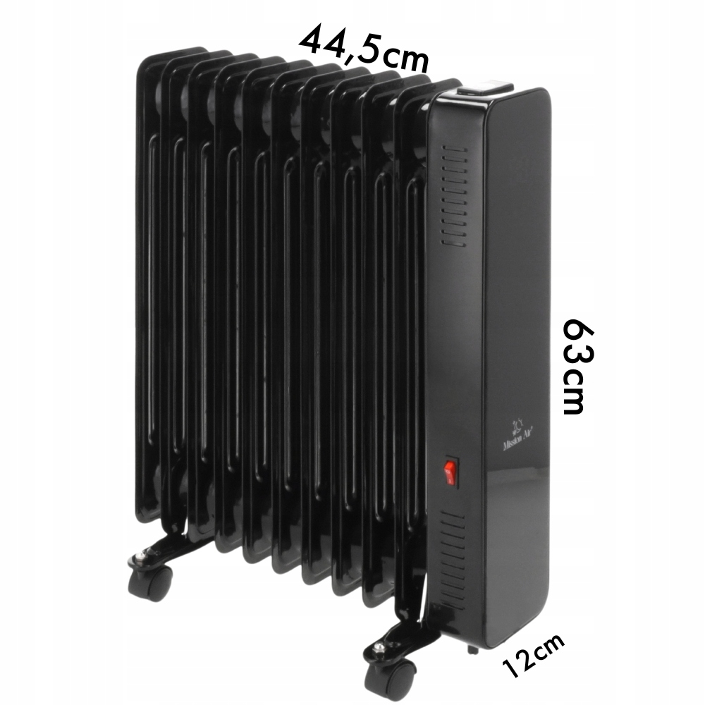 Czarny grzejnik olejowy o wymiarach: 44,5 cm szerokości, 63 cm wysokości i 12 cm głębokości. Posiada czerwony przycisk i kółka.