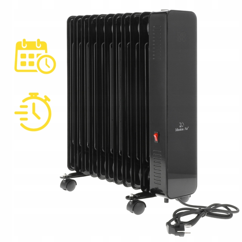 Czarny grzejnik olejowy z czerwonym przyciskiem zasilania. Ma koła i przewód zasilający. Żółte ikony kalendarza i timera po lewej.