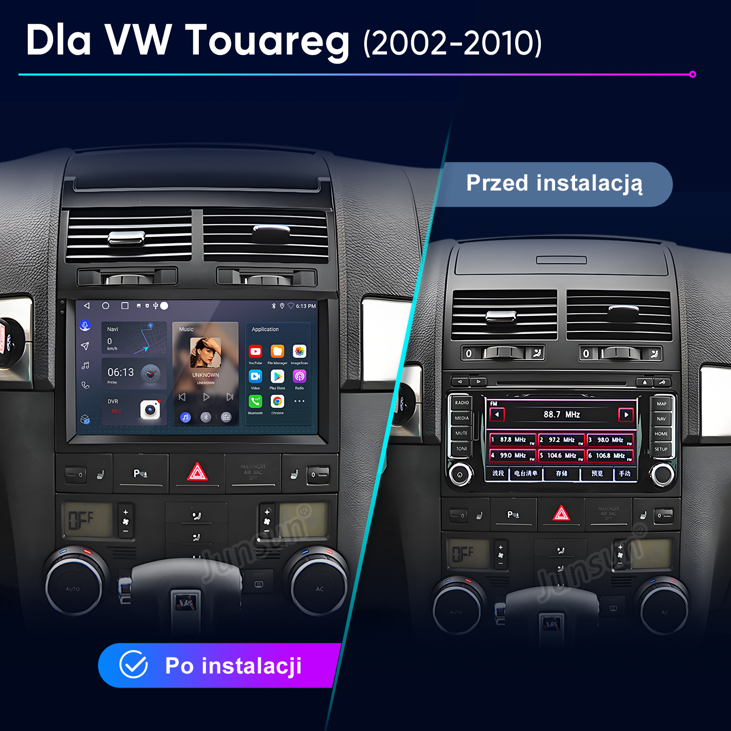 Porównanie deski rozdzielczej samochodu przed i po instalacji nowego systemu informacyjno-rozrywkowego. Pokazuje ekran i elementy sterujące.