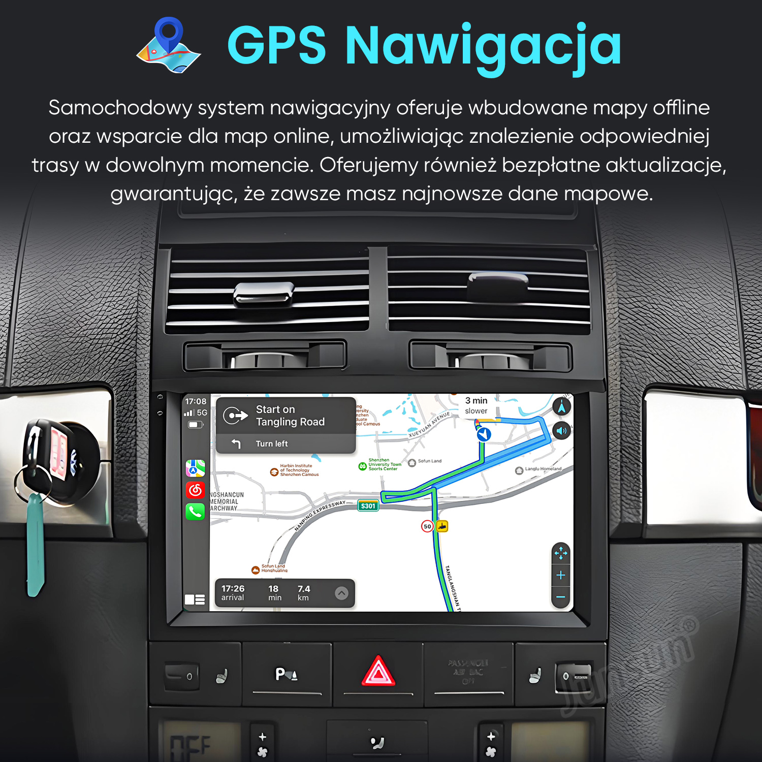 Deska rozdzielcza samochodu z ekranem nawigacji GPS wyświetlającym mapę i wskazówki dojazdu.