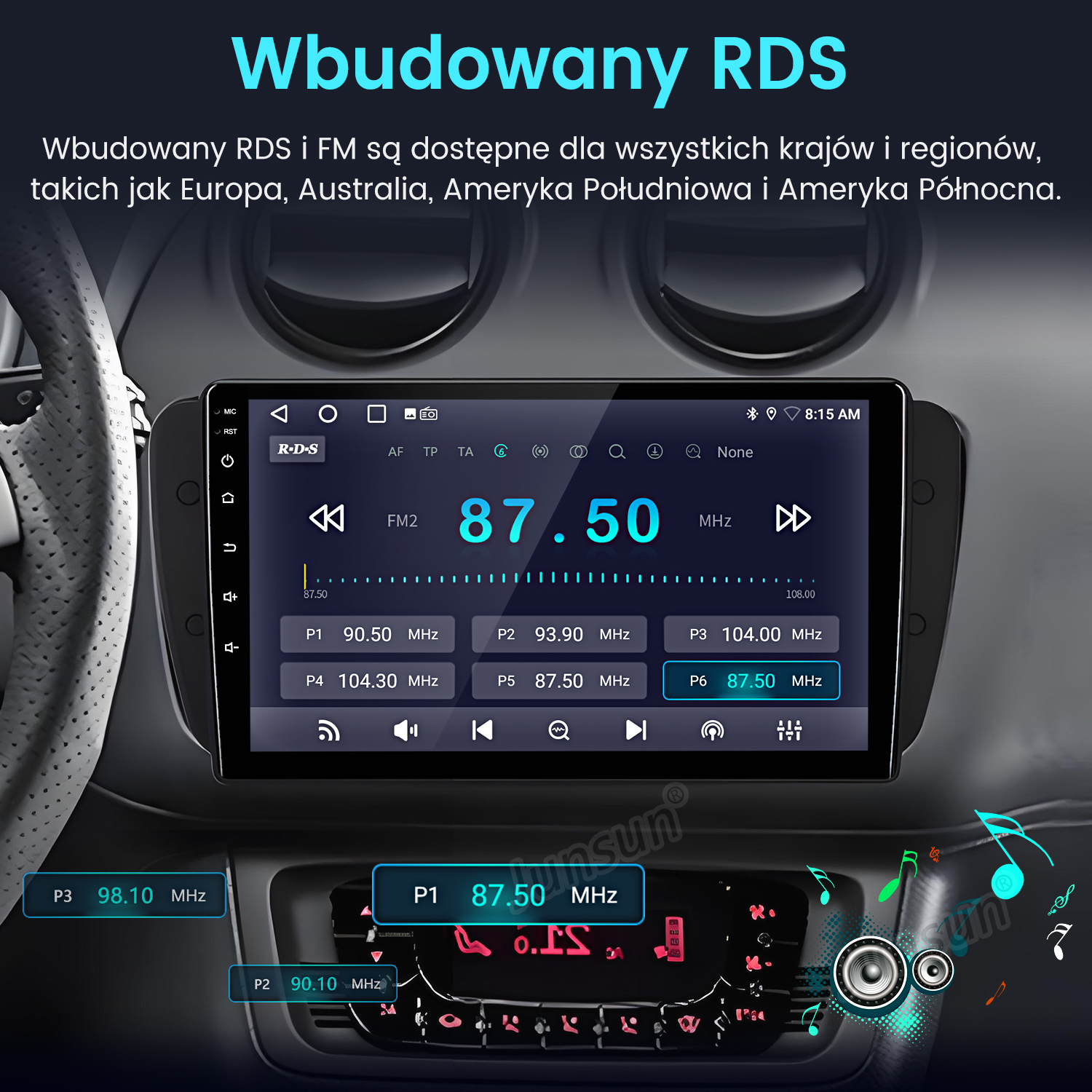 Ekran radia samochodowego wyświetlający częstotliwość FM 87,50 MHz. Ekran pokazuje czas i ustawienia stacji.