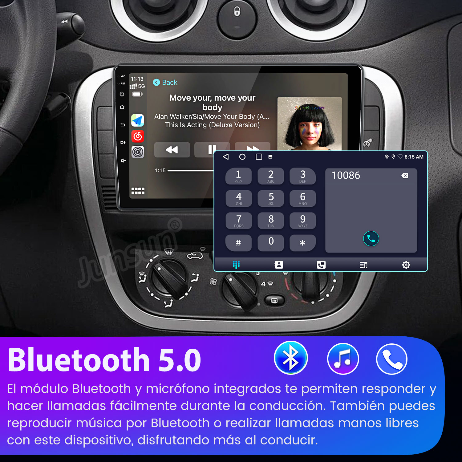 Ekran radia samochodowego wyświetlający muzykę i dialer telefoniczny. Logo Bluetooth 5.0 na dole.