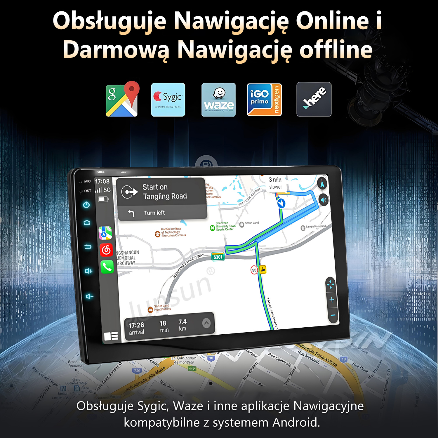 Ekran nawigacji samochodowej wyświetla mapę z prowadzeniem po trasie. Logo aplikacji nawigacyjnych są u góry.