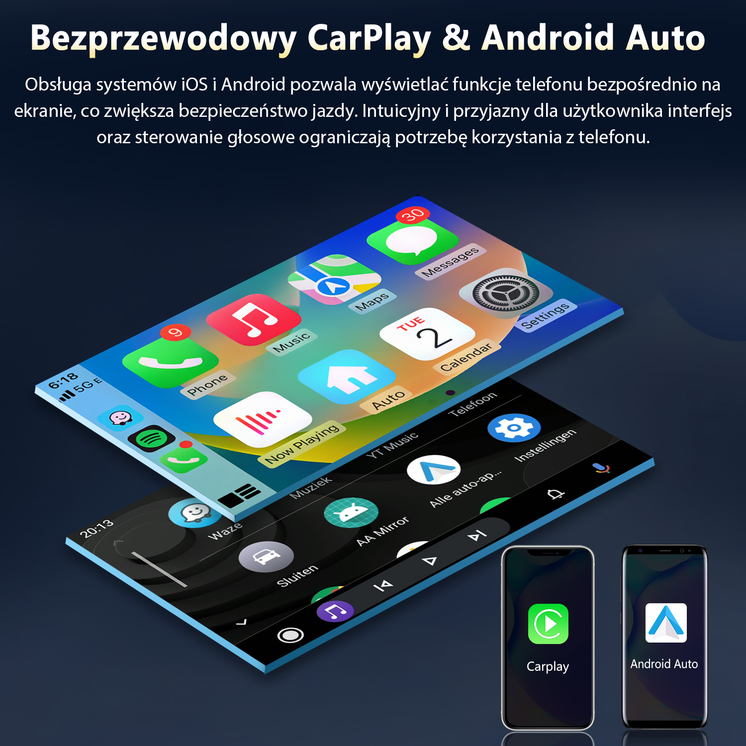 Obrazek przedstawia interfejsy CarPlay i Android Auto na telefonach i ekranach. Ikony obejmują aplikacje takie jak muzyka, mapy i ustawienia.