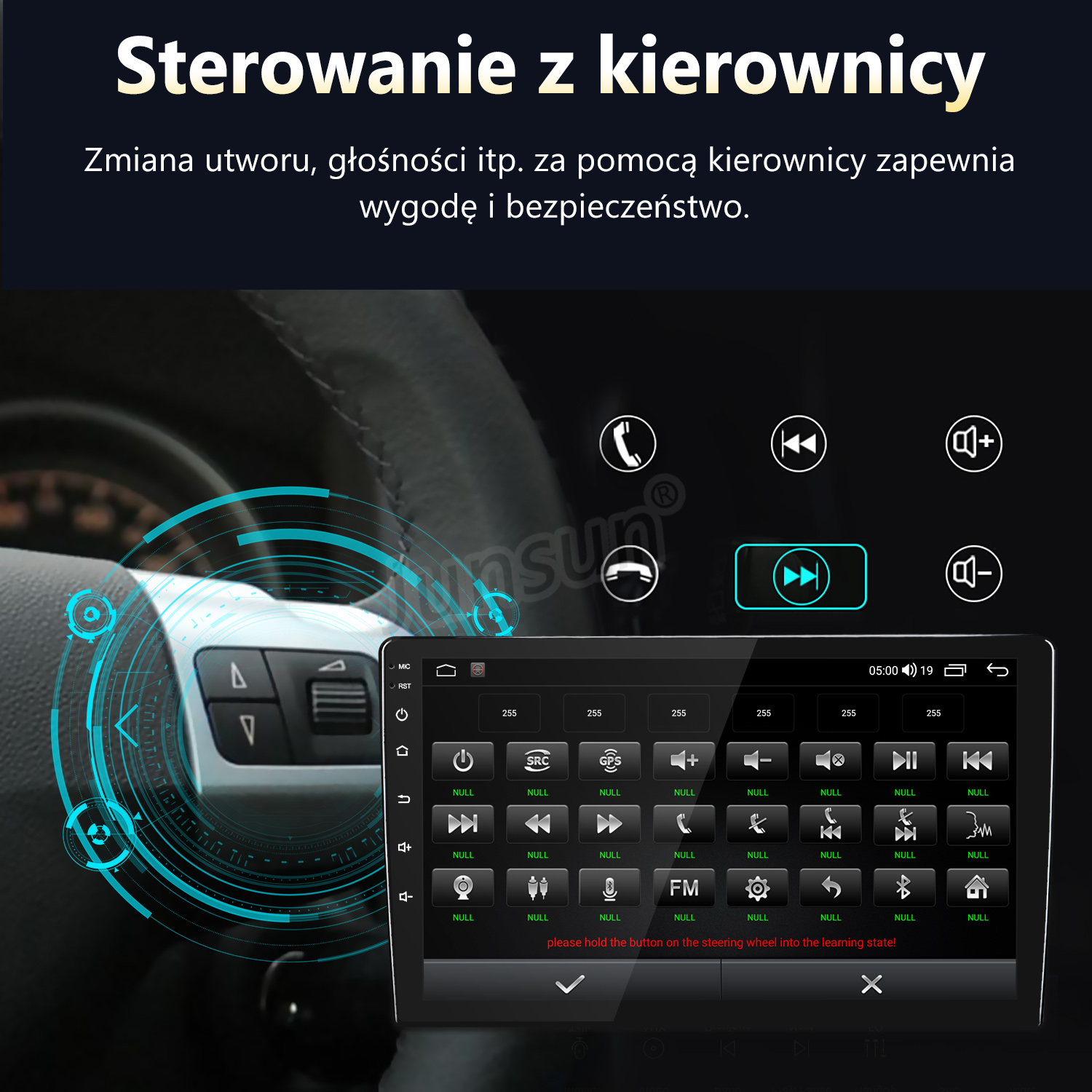 Panel samochodu z interfejsem multimedialnym. Kierownica widoczna w tle.