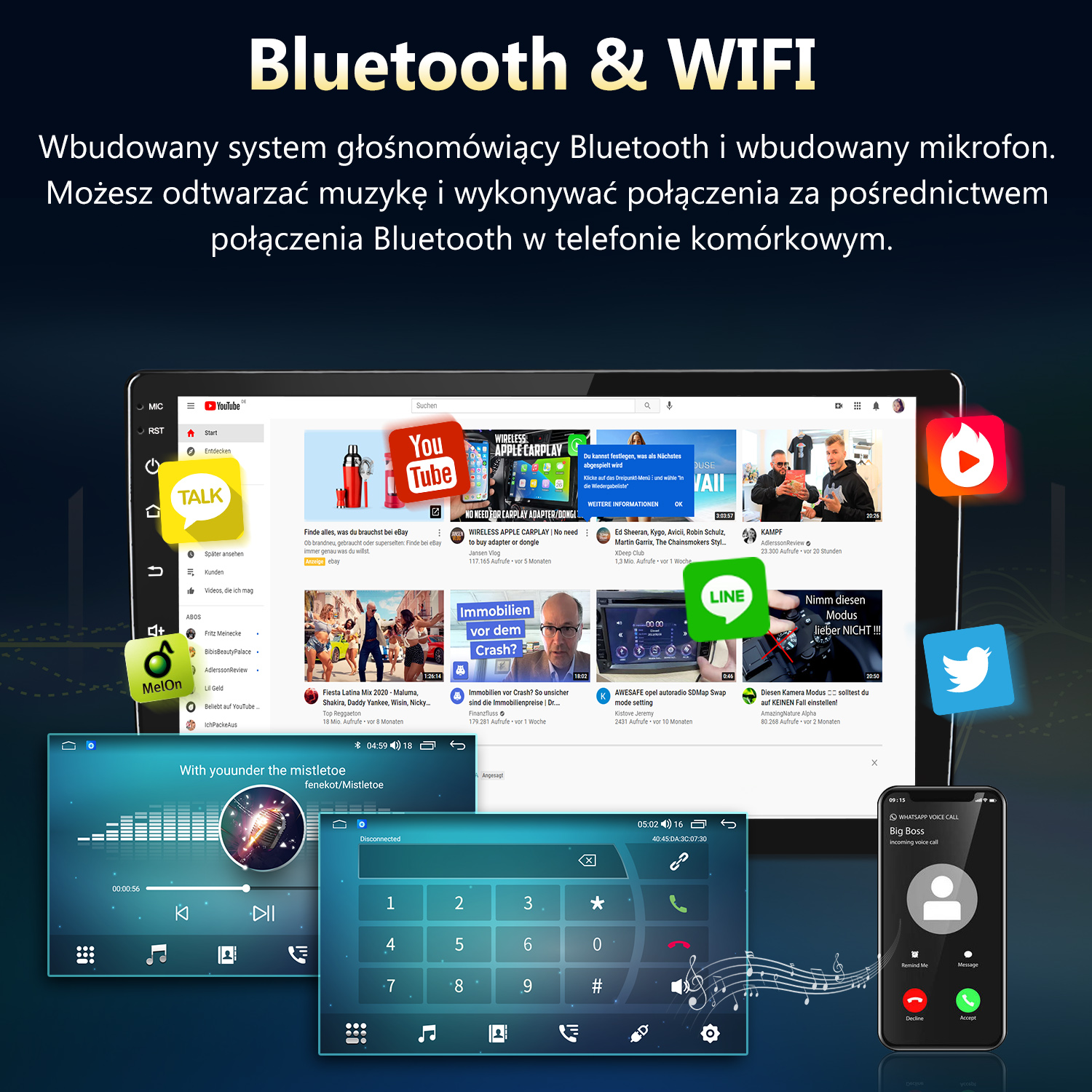 Samochodowy system multimedialny z Bluetooth, telefonem, YouTube i interfejsami odtwarzacza muzyki.