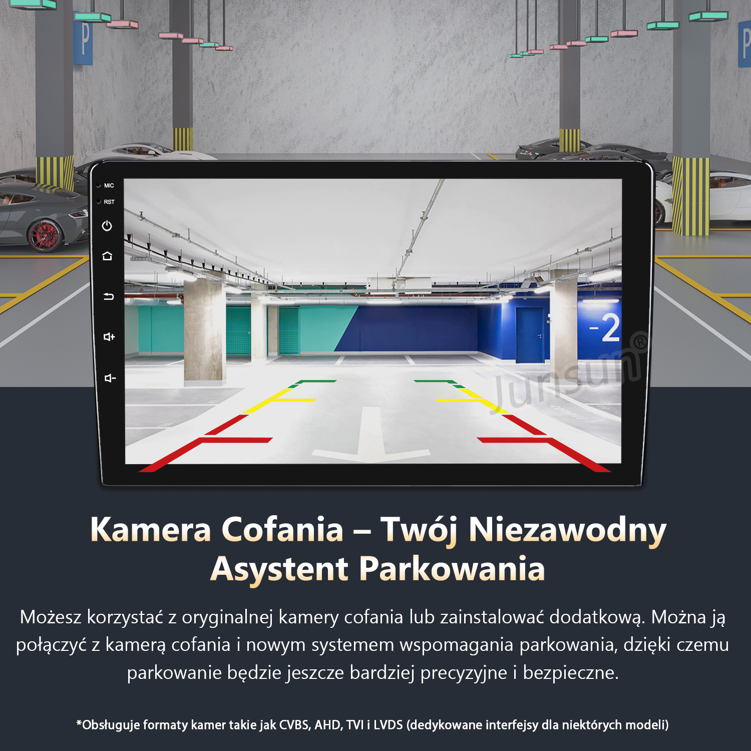 System wspomagania parkowania na ekranie. Ekran pokazuje garaż z samochodem i liniami.