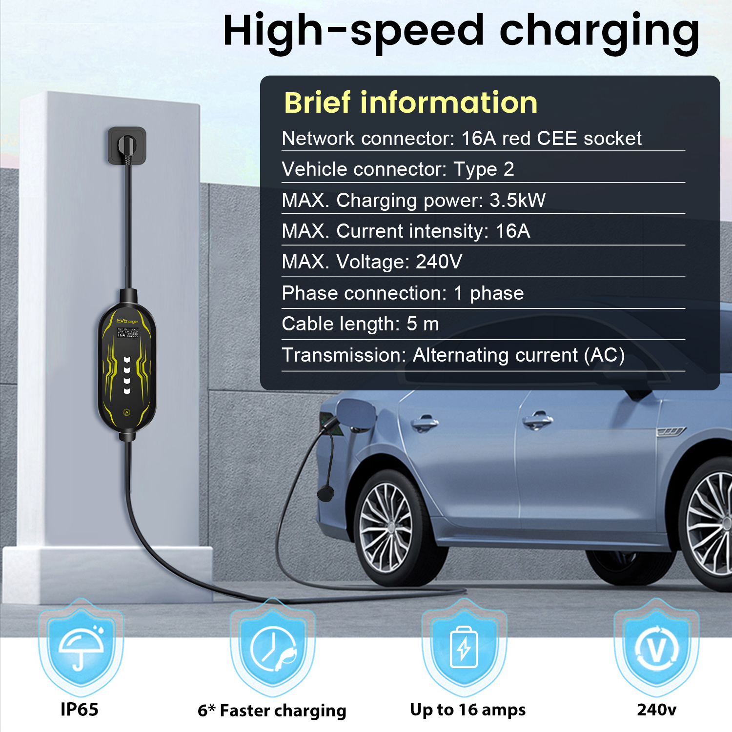 Samochód elektryczny w trakcie ładowania. Ładowarka jest podłączona do samochodu. Panel informacyjny szczegółowo opisuje moc, napięcie i prędkość ładowania.