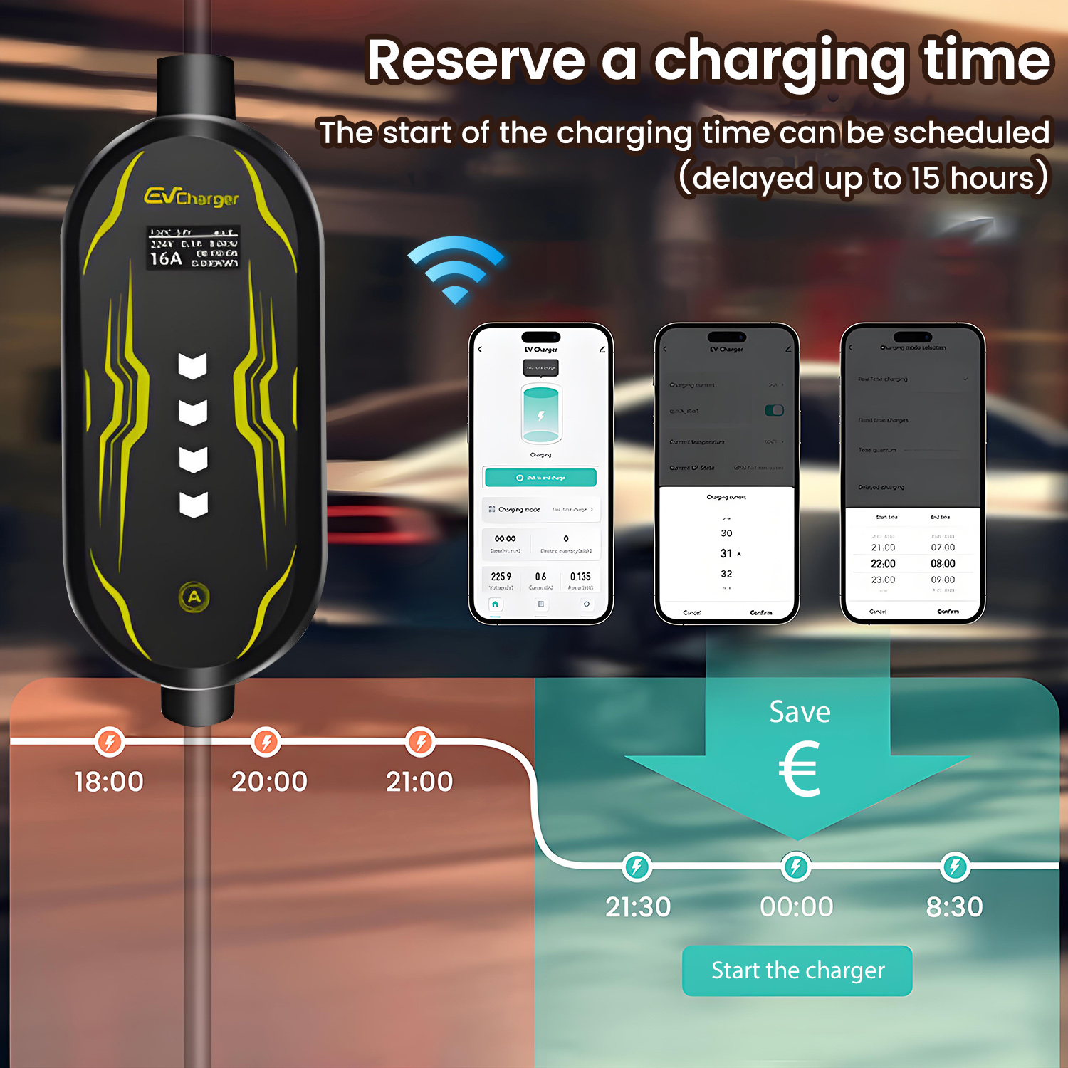 Ładowarka EV z ekranem, trzy telefony z interfejsami aplikacji i harmonogramem ładowania.