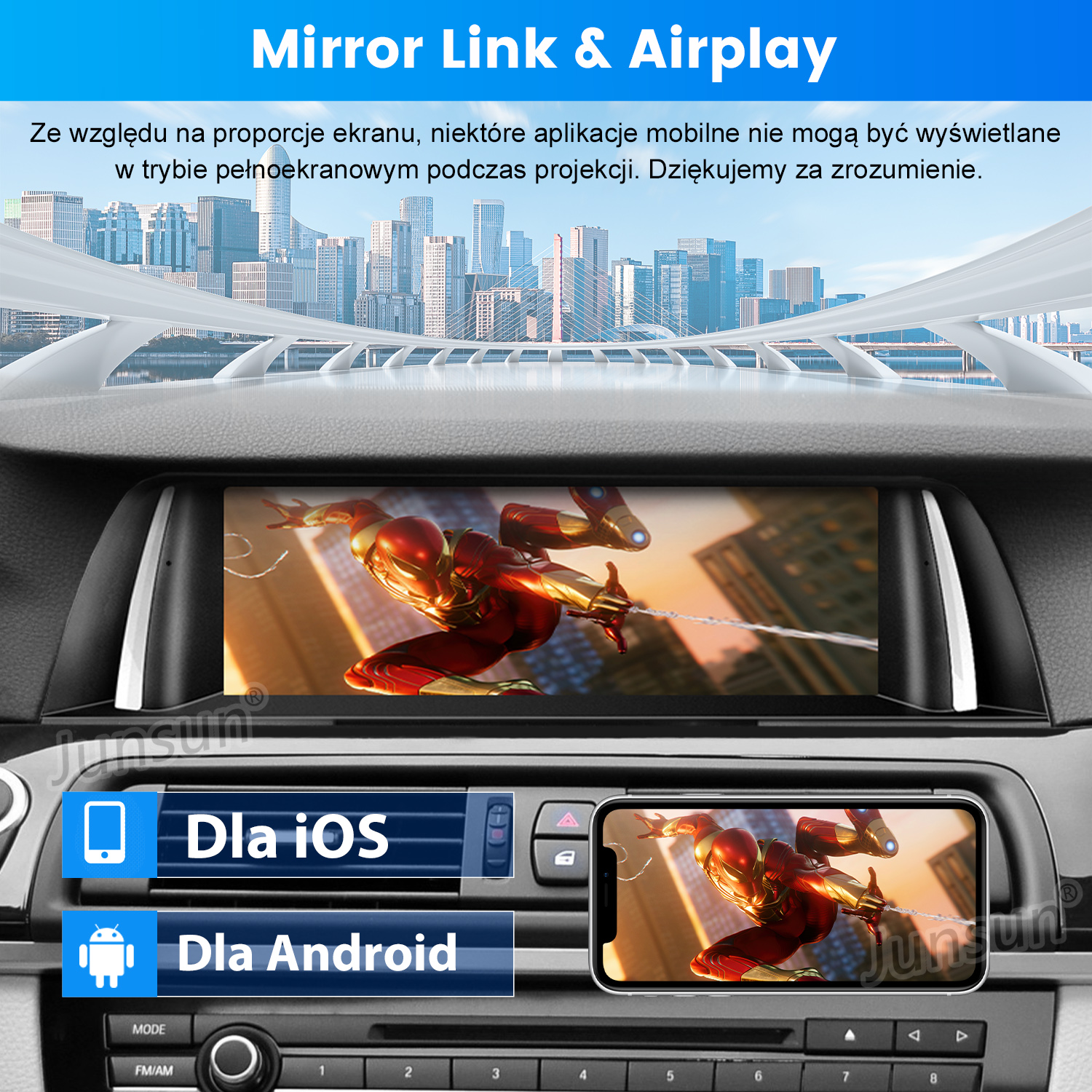 Deska rozdzielcza samochodu z obrazem Spider-Mana na dwóch ekranach i smartfonem. Tekst: Mirror Link & Airplay, Dla iOS, Dla Androida.