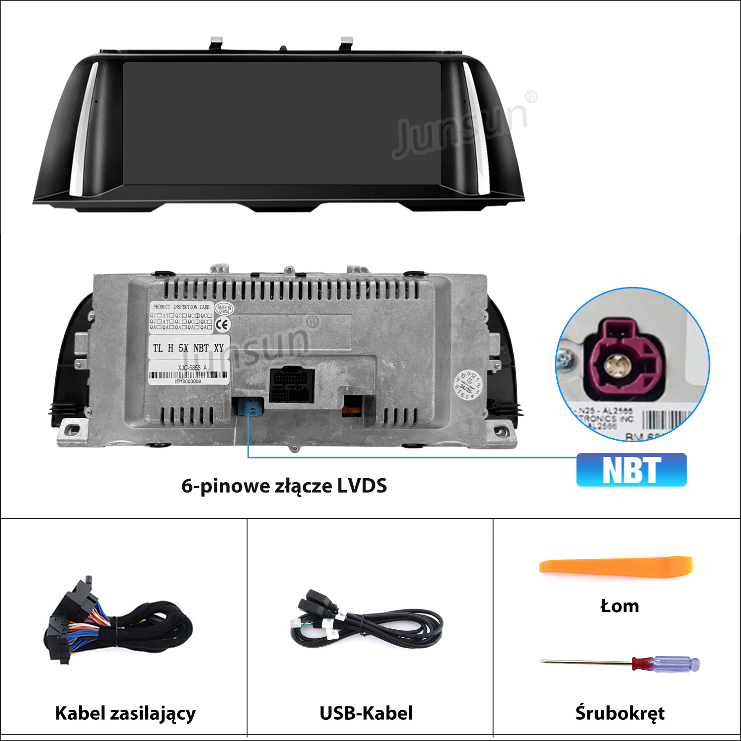 Komponenty radia samochodowego: ekran, tylny panel, kable i narzędzia, takie jak łom i śrubokręt. Widoczne teksty w języku polskim i angielskim.