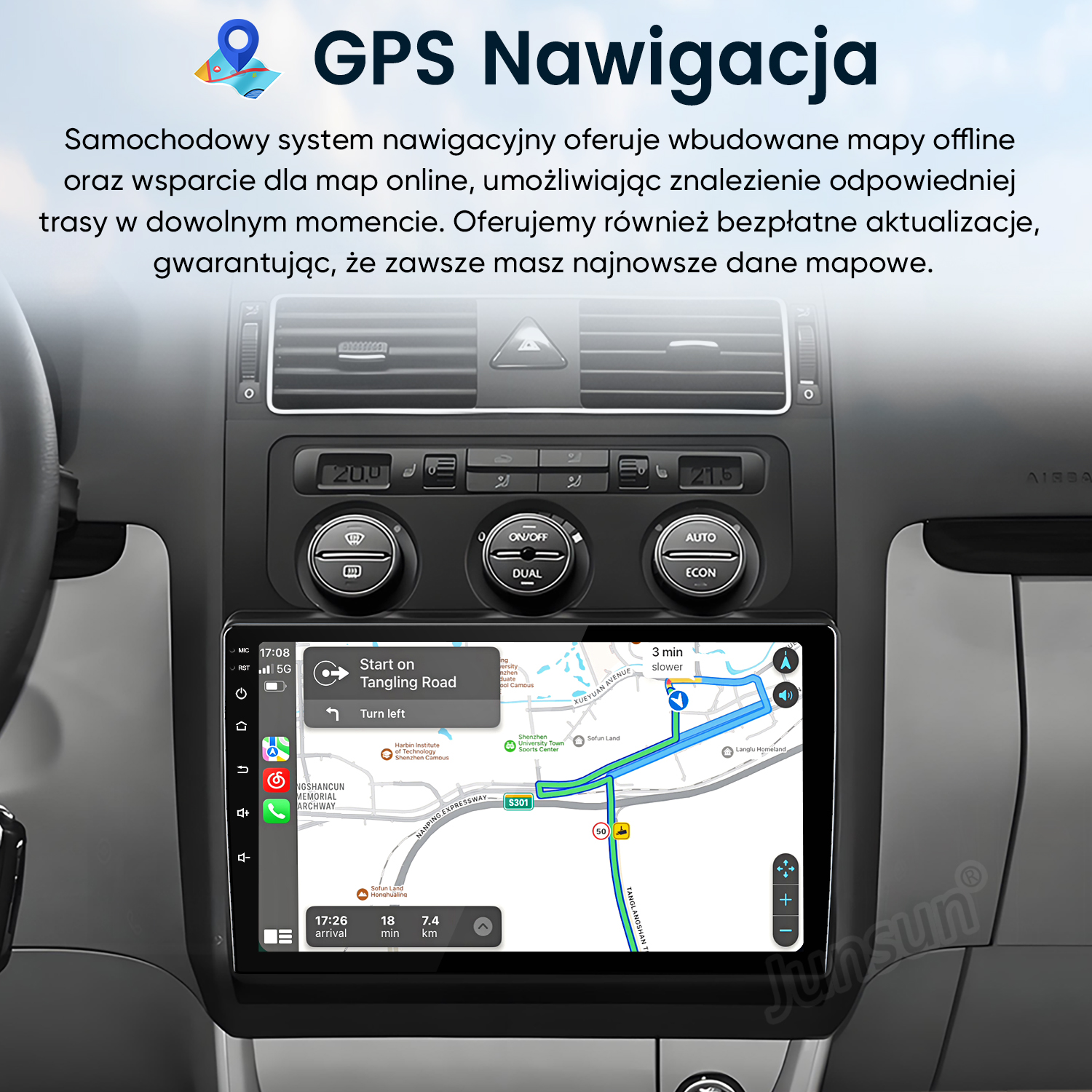 Ekran systemu nawigacji samochodowej wyświetlający mapę z instrukcjami. Ekran pokazuje trasę i inne informacje.