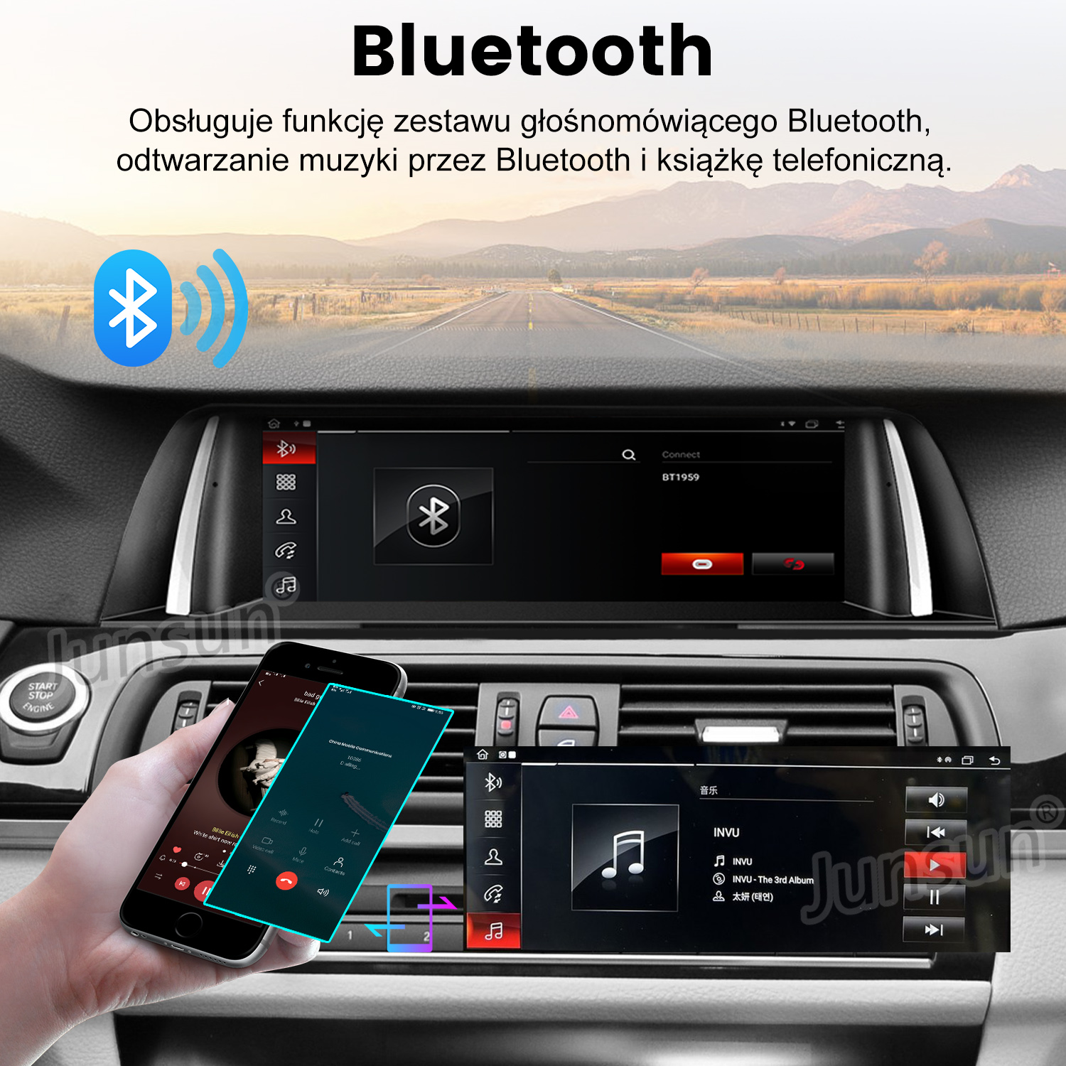 Deska rozdzielcza samochodu wyświetla połączenie Bluetooth. Telefon pokazuje połączenie i muzykę. Góry widać przez przednią szybę.