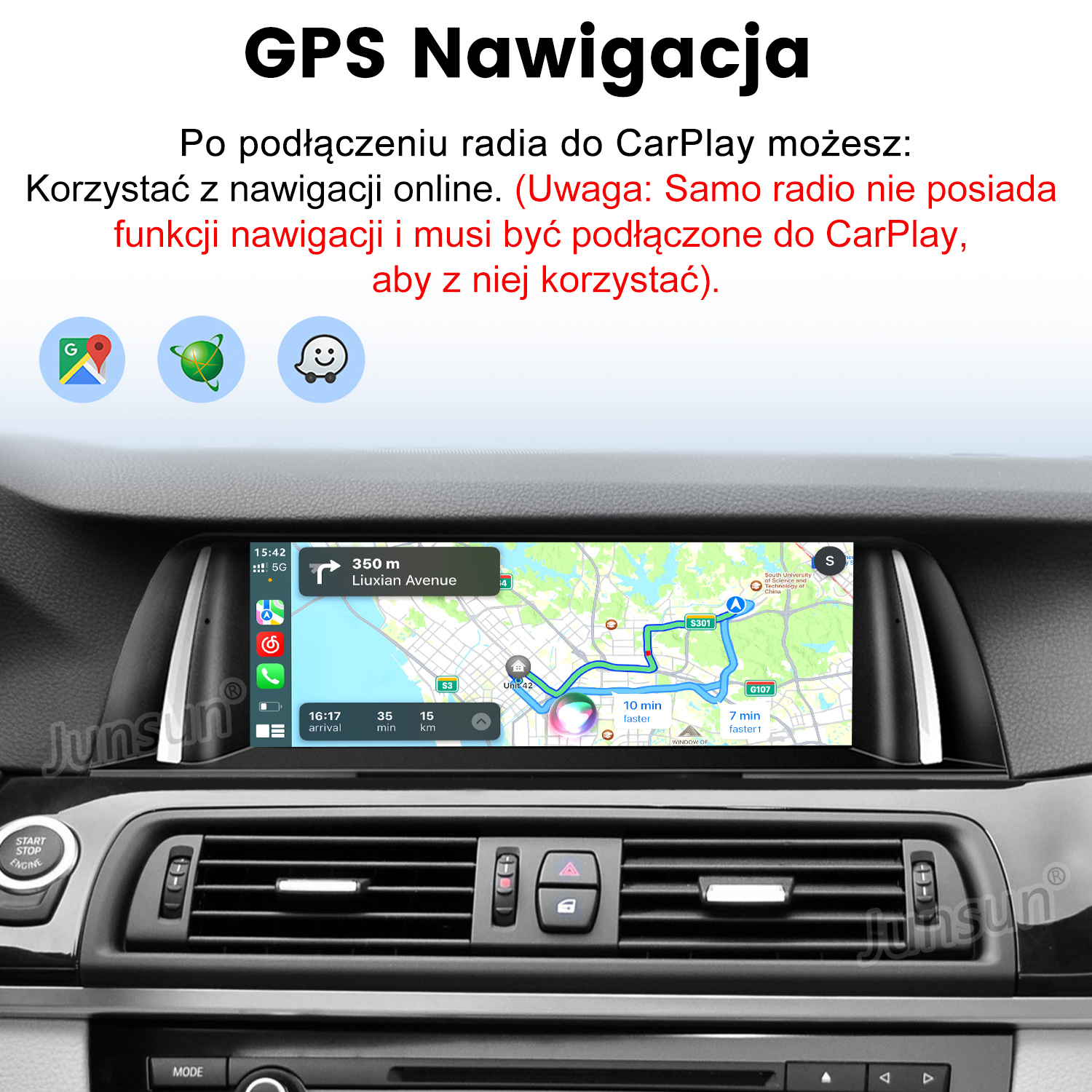Deska rozdzielcza samochodu z nawigacją GPS, mapą i szczegółami trasy. Tekst: 'Nawigacja GPS'.