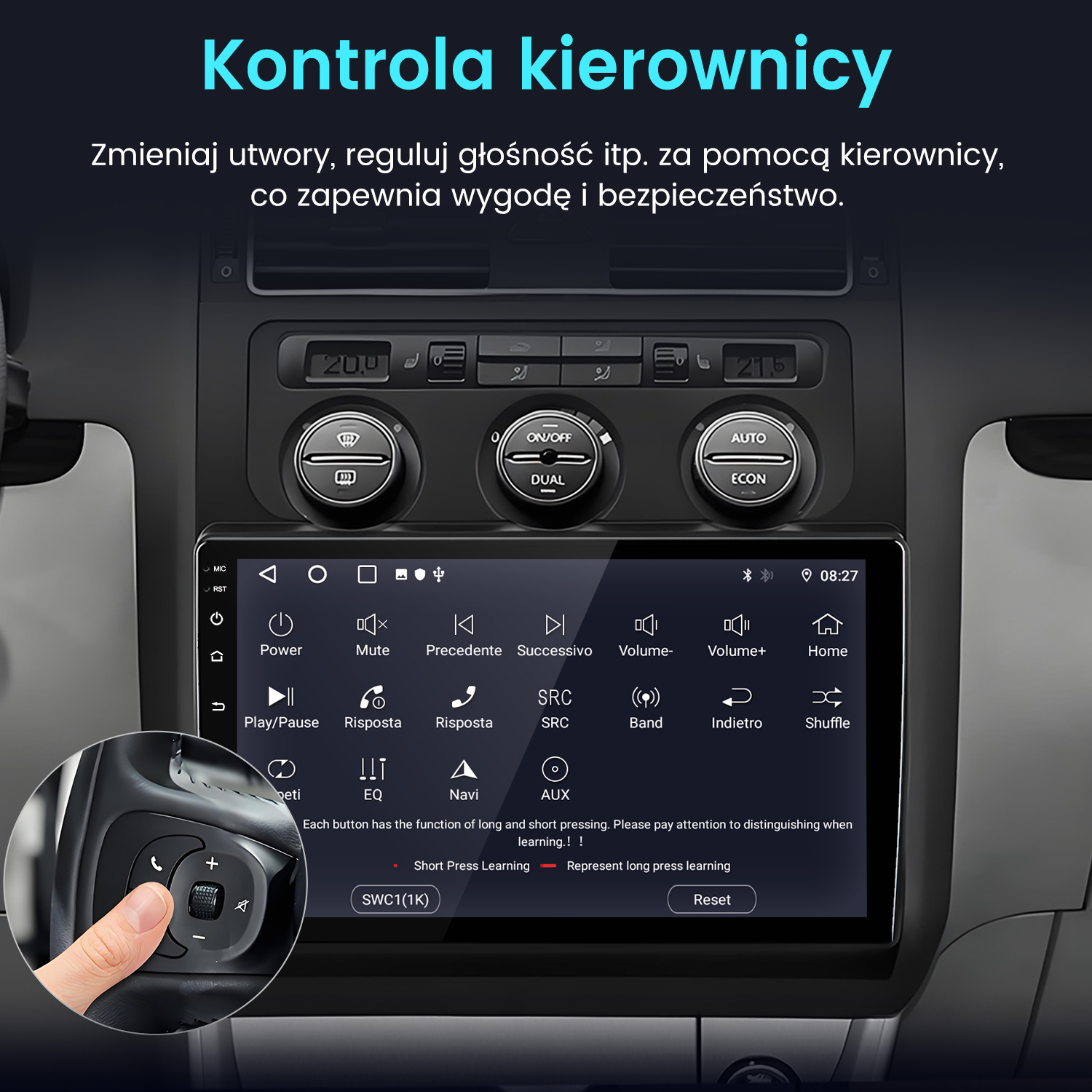 Deska rozdzielcza samochodu z ekranem pokazującym elementy sterujące. Ręka naciska przycisk na kierownicy. Tekst wskazuje sterowanie kierownicą.