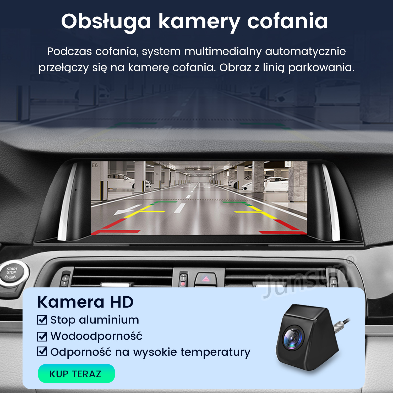 Deska rozdzielcza samochodu z wyświetlaczem kamery cofania pokazującym linie parkowania. Ikona kamery znajduje się w prawym dolnym rogu.