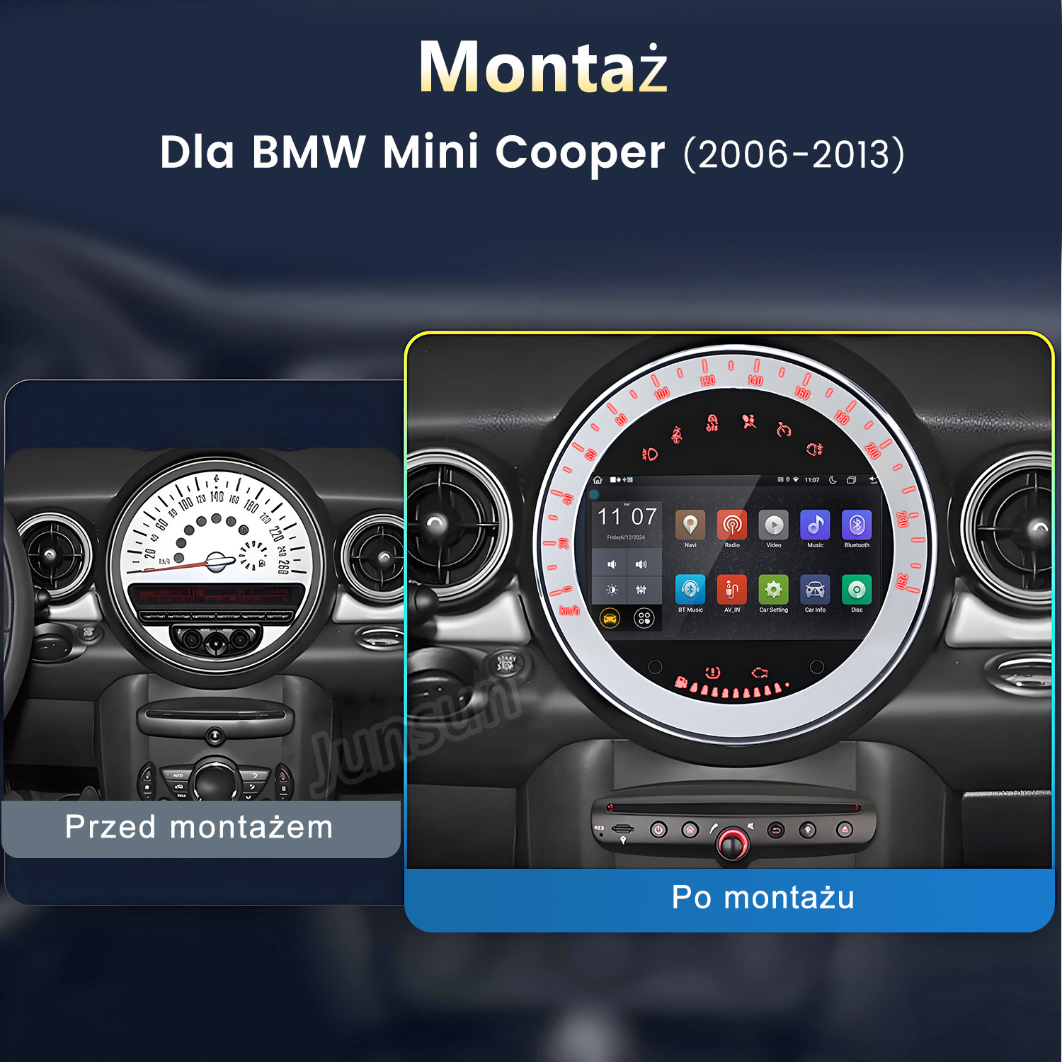 Porównanie deski rozdzielczej samochodu przed i po zainstalowaniu nowego systemu, ze prędkościomierzami i centralnym wyświetlaczem.